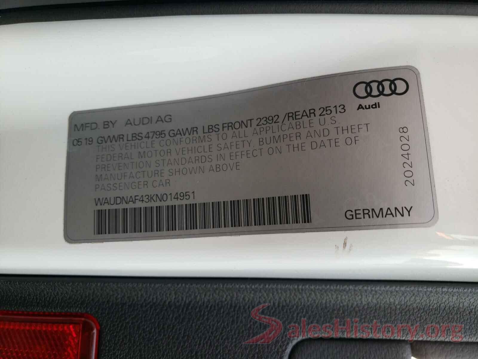 WAUDNAF43KN014951 2019 AUDI A4