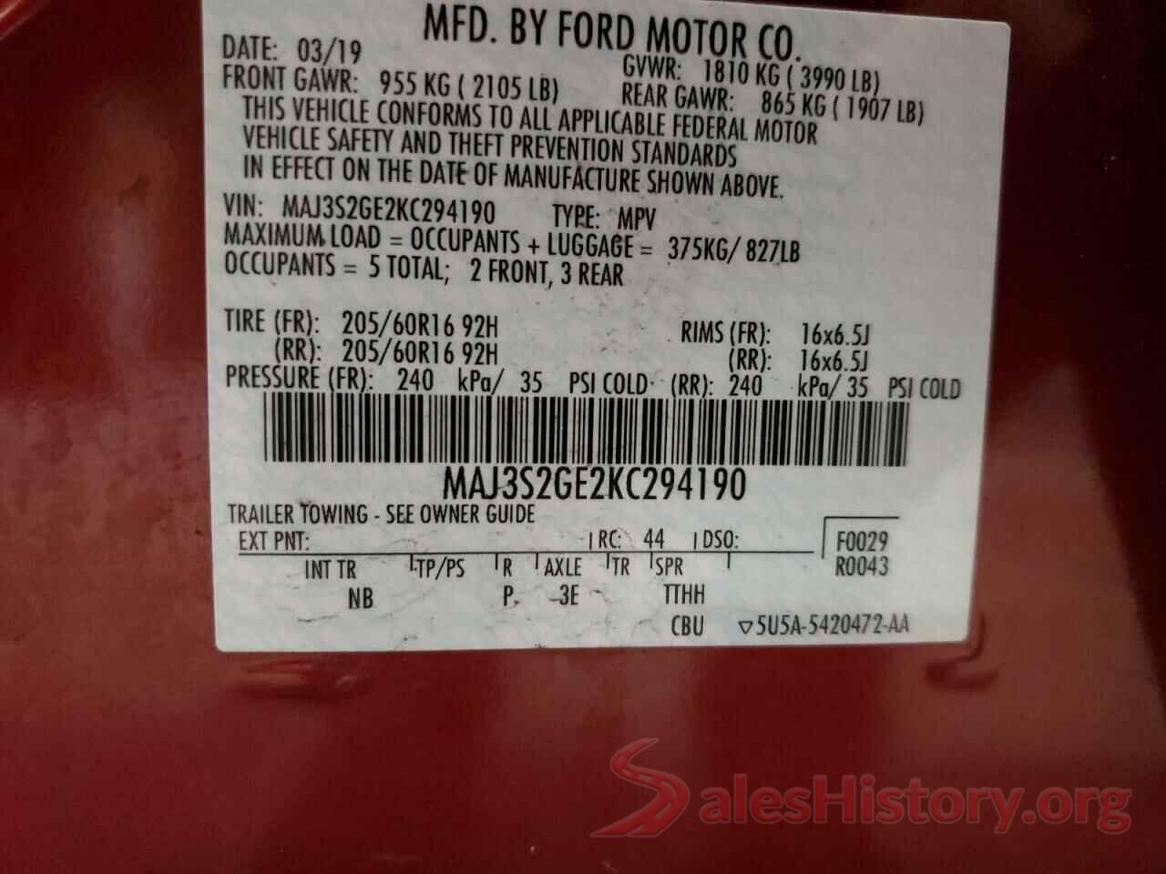 MAJ3S2GE2KC294190 2019 FORD ALL OTHER