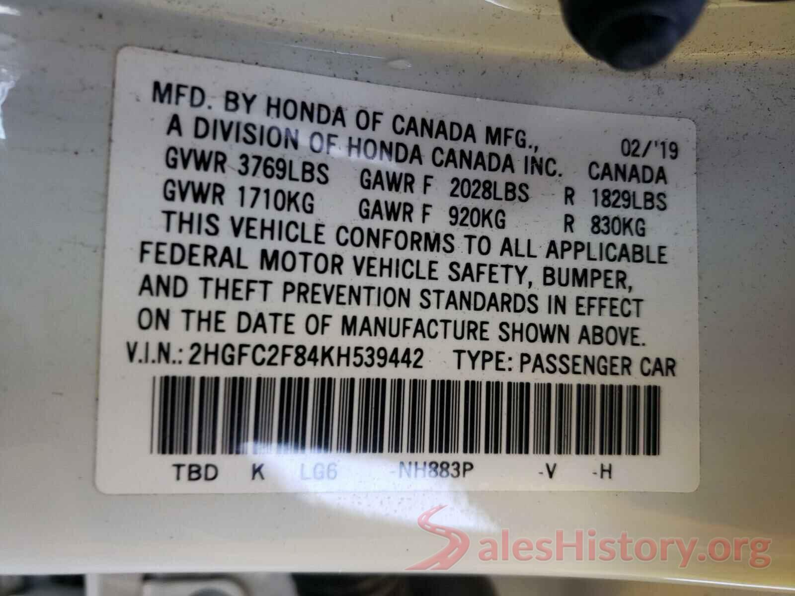 2HGFC2F84KH539442 2019 HONDA CIVIC