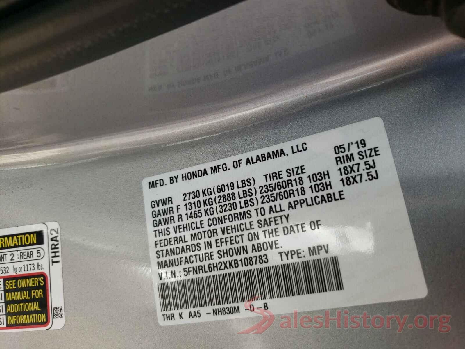 5FNRL6H2XKB108783 2019 HONDA ODYSSEY