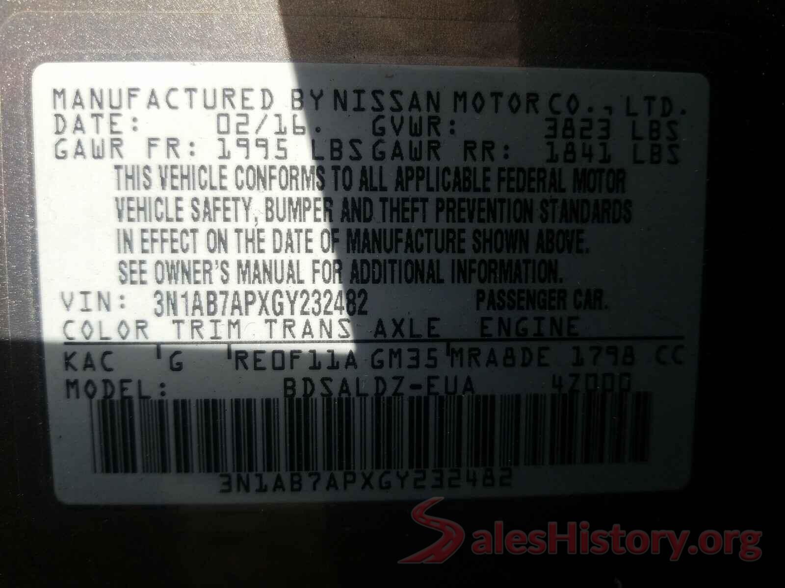 3N1AB7APXGY232482 2016 NISSAN SENTRA