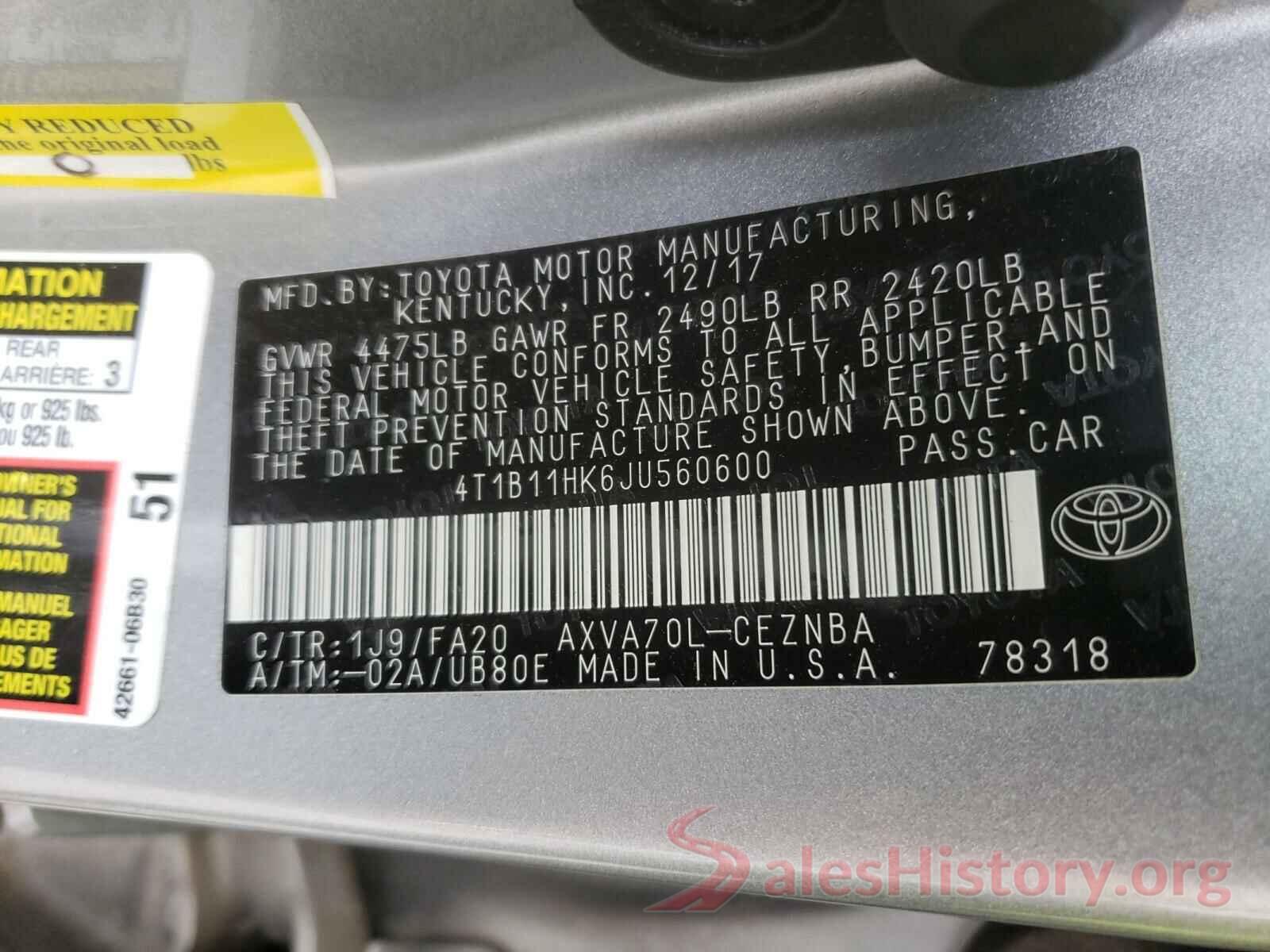 4T1B11HK6JU560600 2018 TOYOTA CAMRY