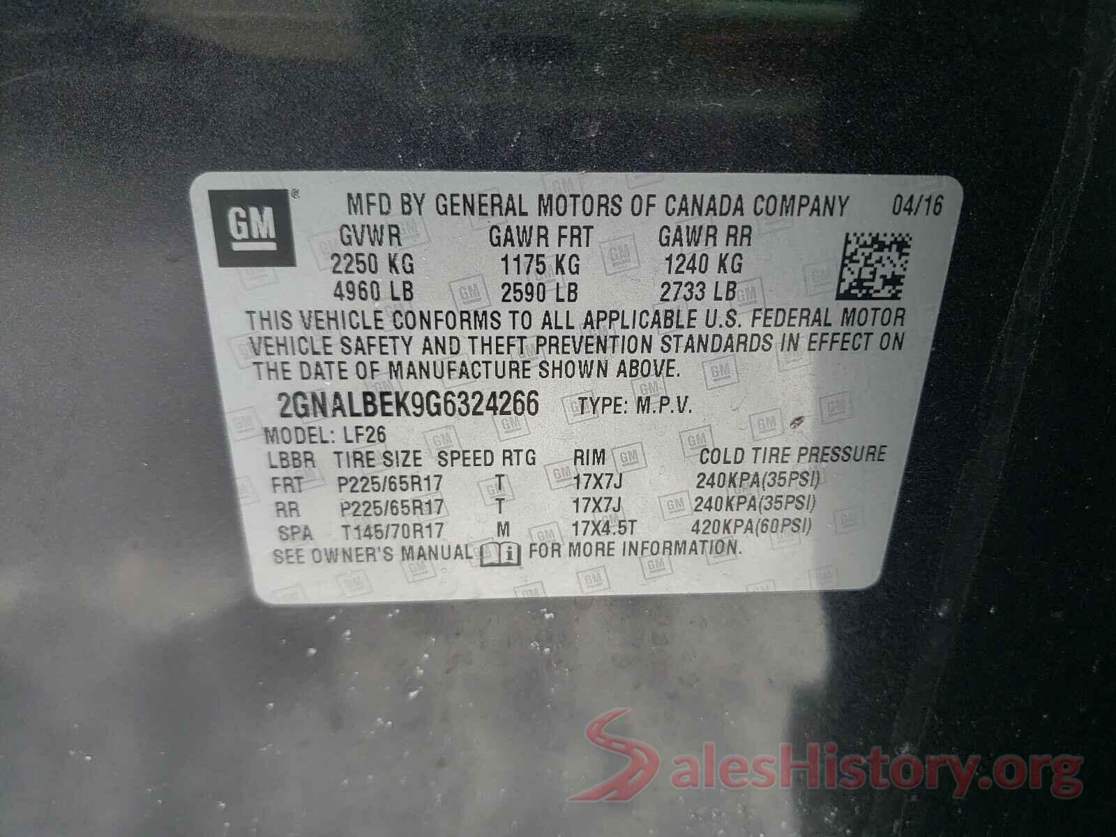 2GNALBEK9G6324266 2016 CHEVROLET EQUINOX