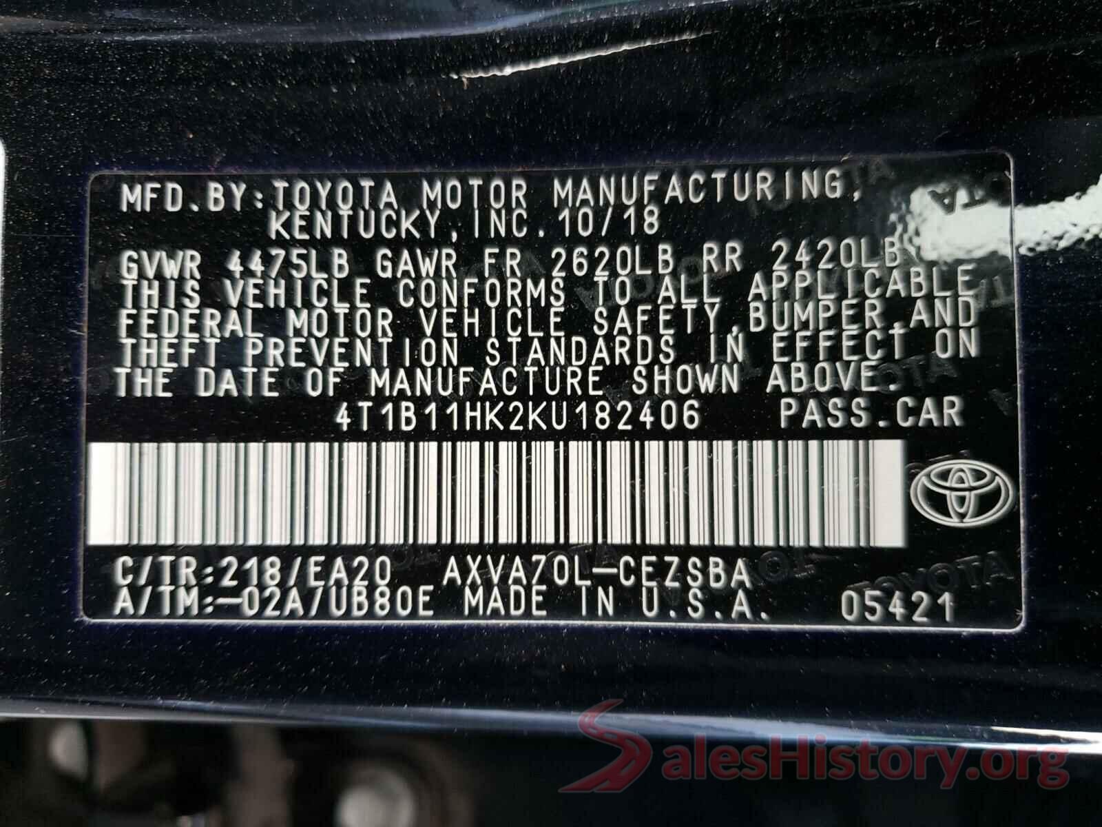 4T1B11HK2KU182406 2019 TOYOTA CAMRY