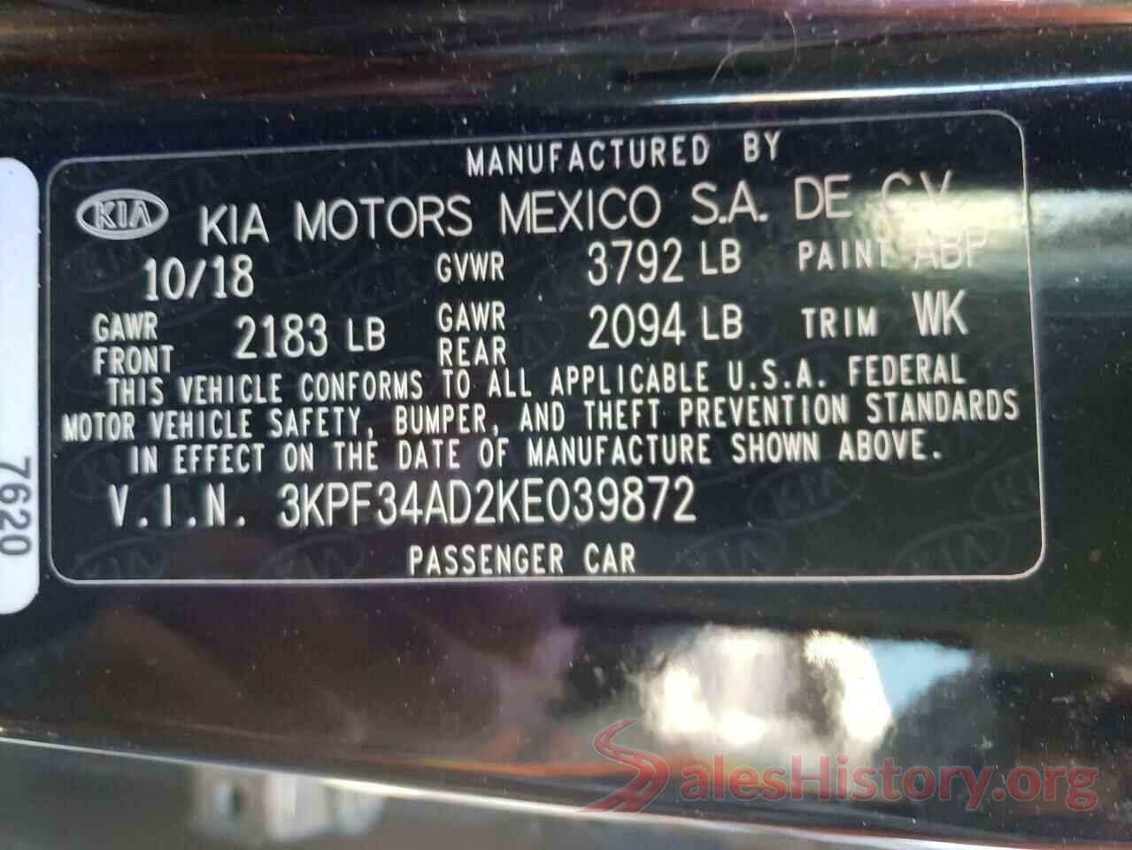 3KPF34AD2KE039872 2019 KIA FORTE