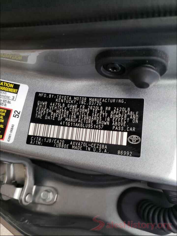 4T1G11AK6LU951457 2020 TOYOTA CAMRY