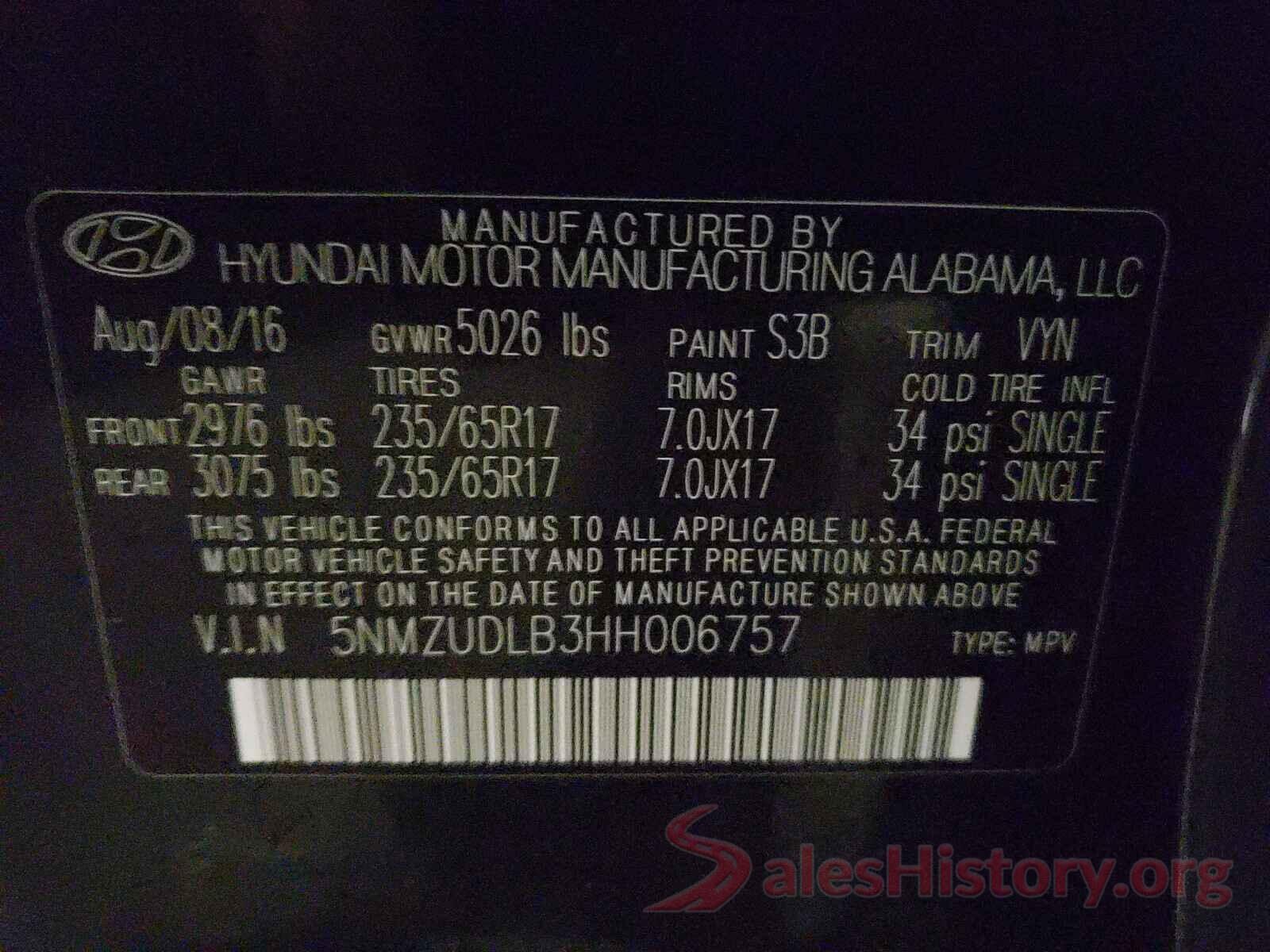 5NMZUDLB3HH006757 2017 HYUNDAI SANTA FE