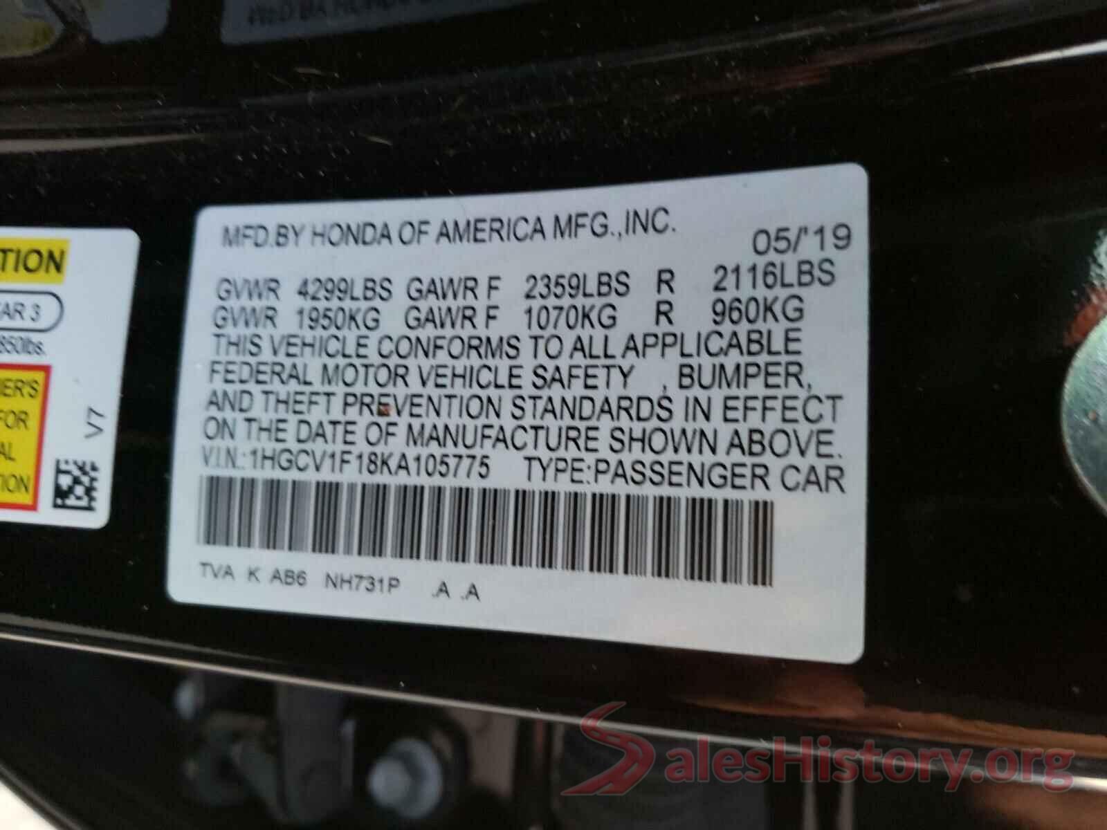 1HGCV1F18KA105775 2019 HONDA ACCORD