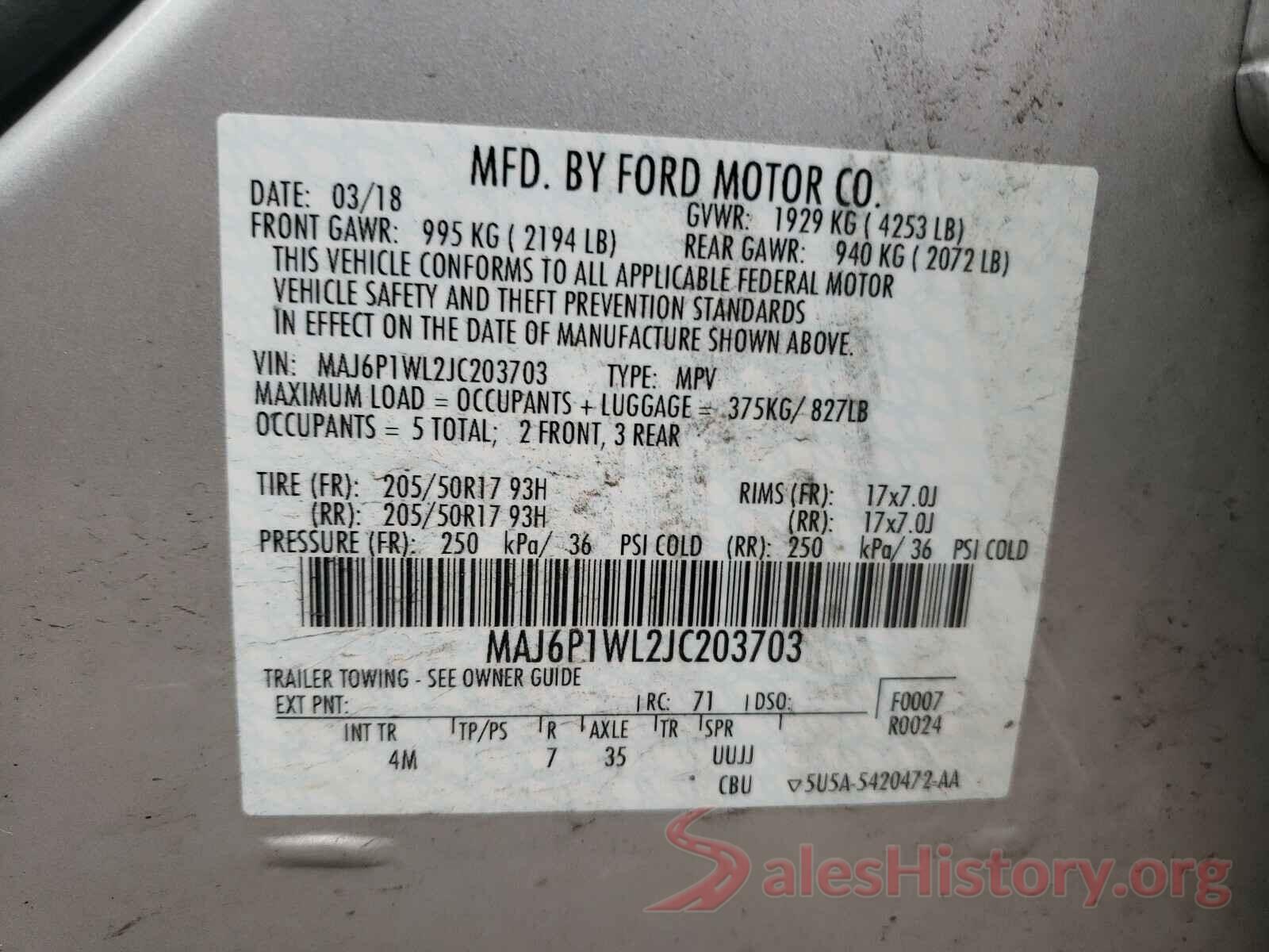 MAJ6P1WL2JC203703 2018 FORD ALL OTHER