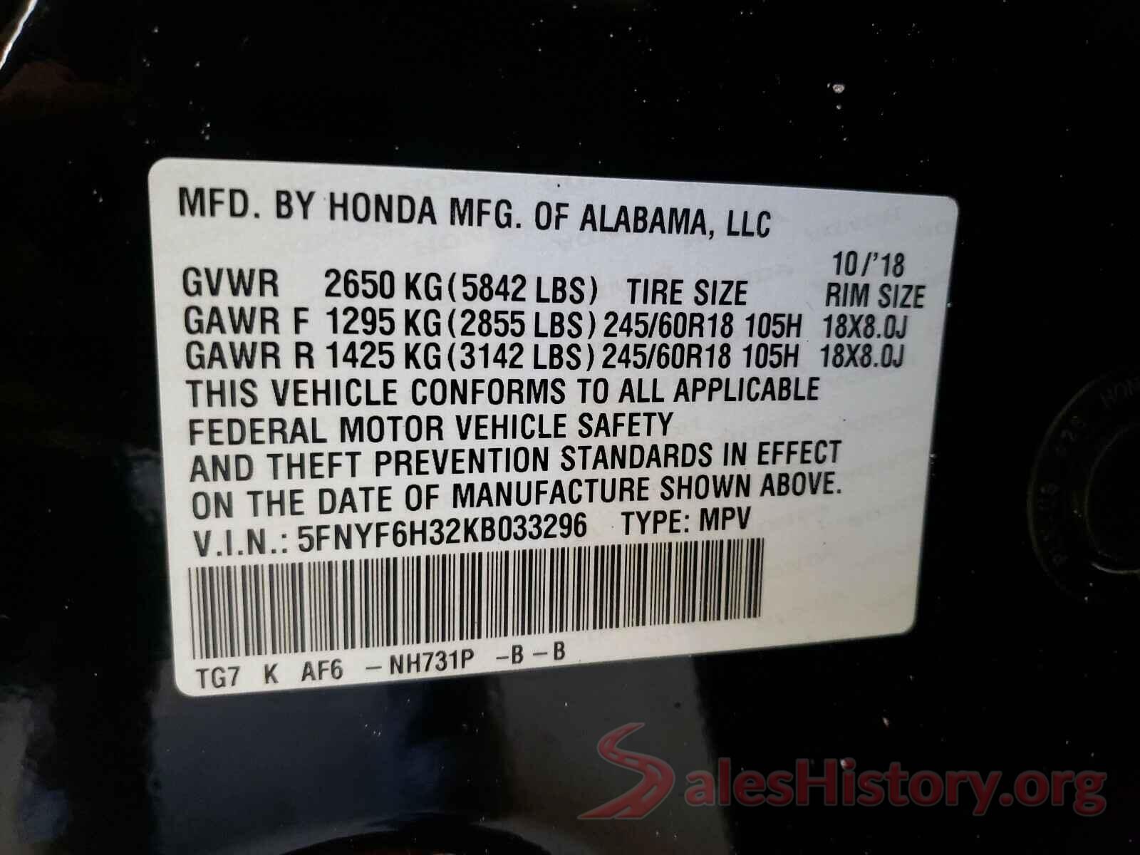 5FNYF6H32KB033296 2019 HONDA PILOT