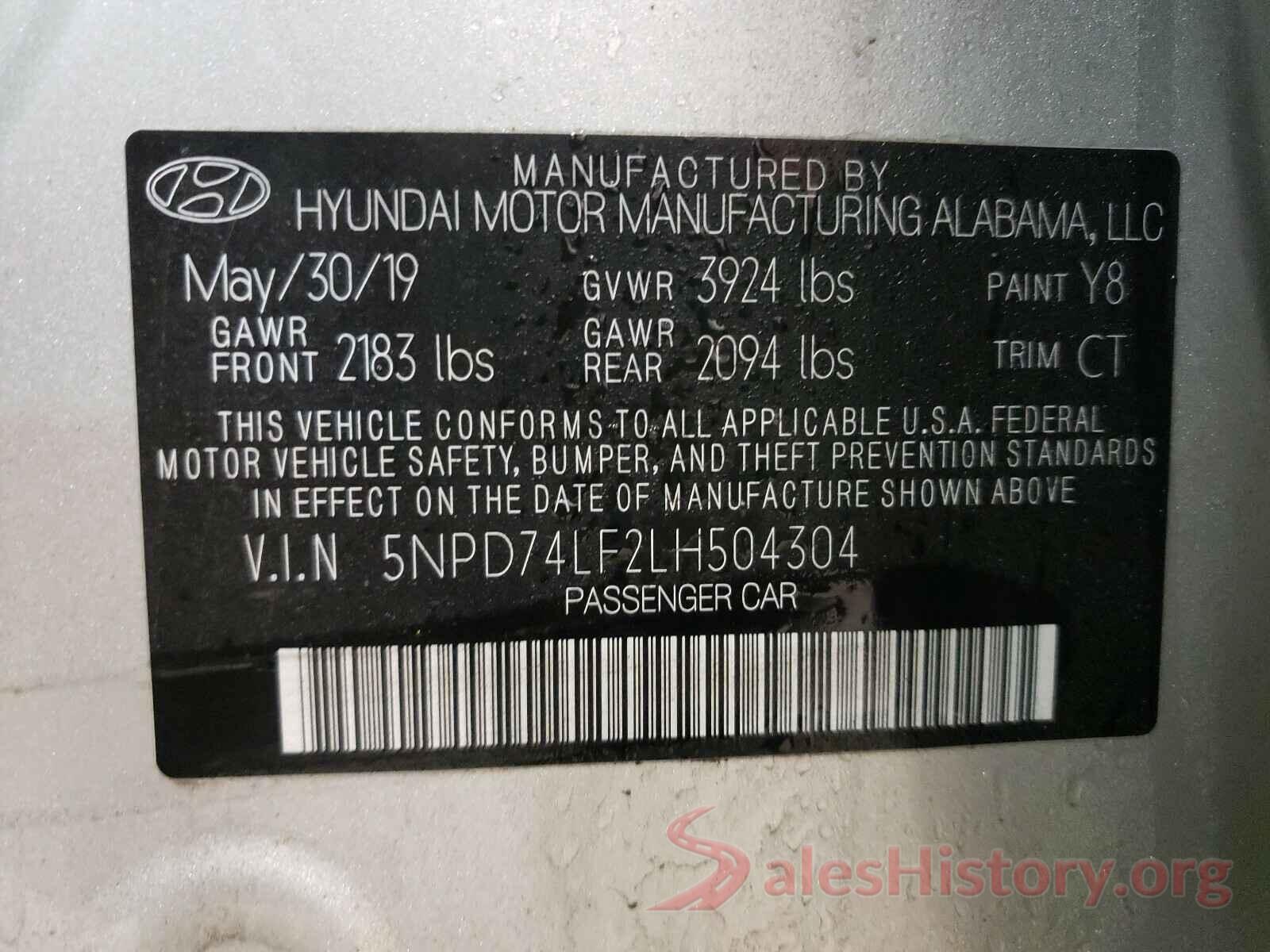 5NPD74LF2LH504304 2020 HYUNDAI ELANTRA