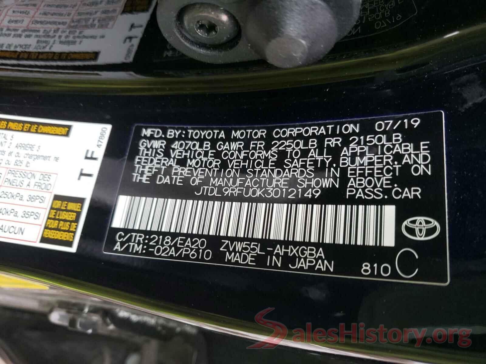 JTDL9RFU0K3012149 2019 TOYOTA PRIUS