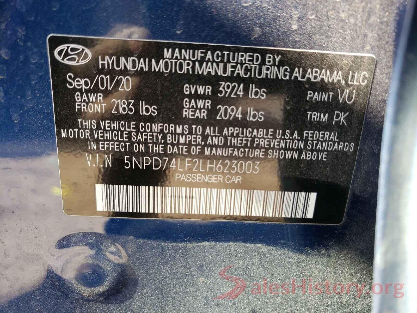 5NPD74LF2LH623003 2020 HYUNDAI ELANTRA