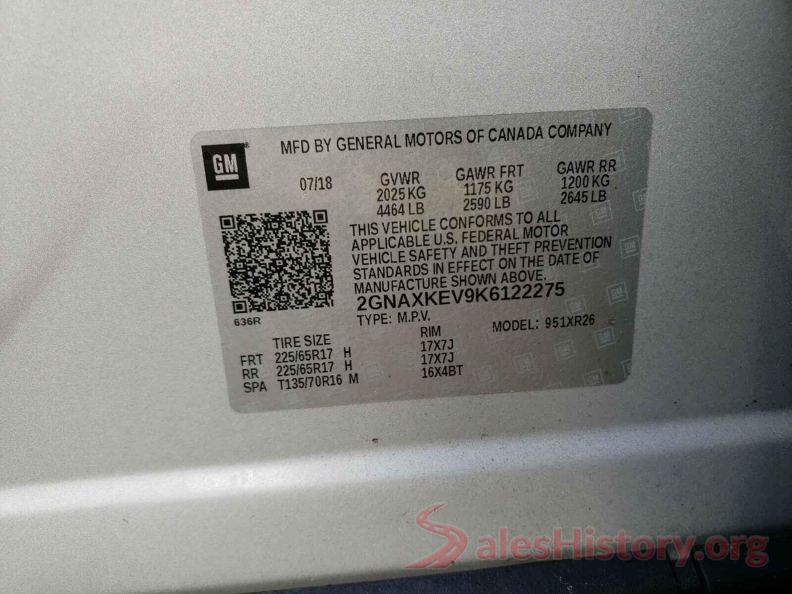 2GNAXKEV9K6122275 2019 CHEVROLET EQUINOX