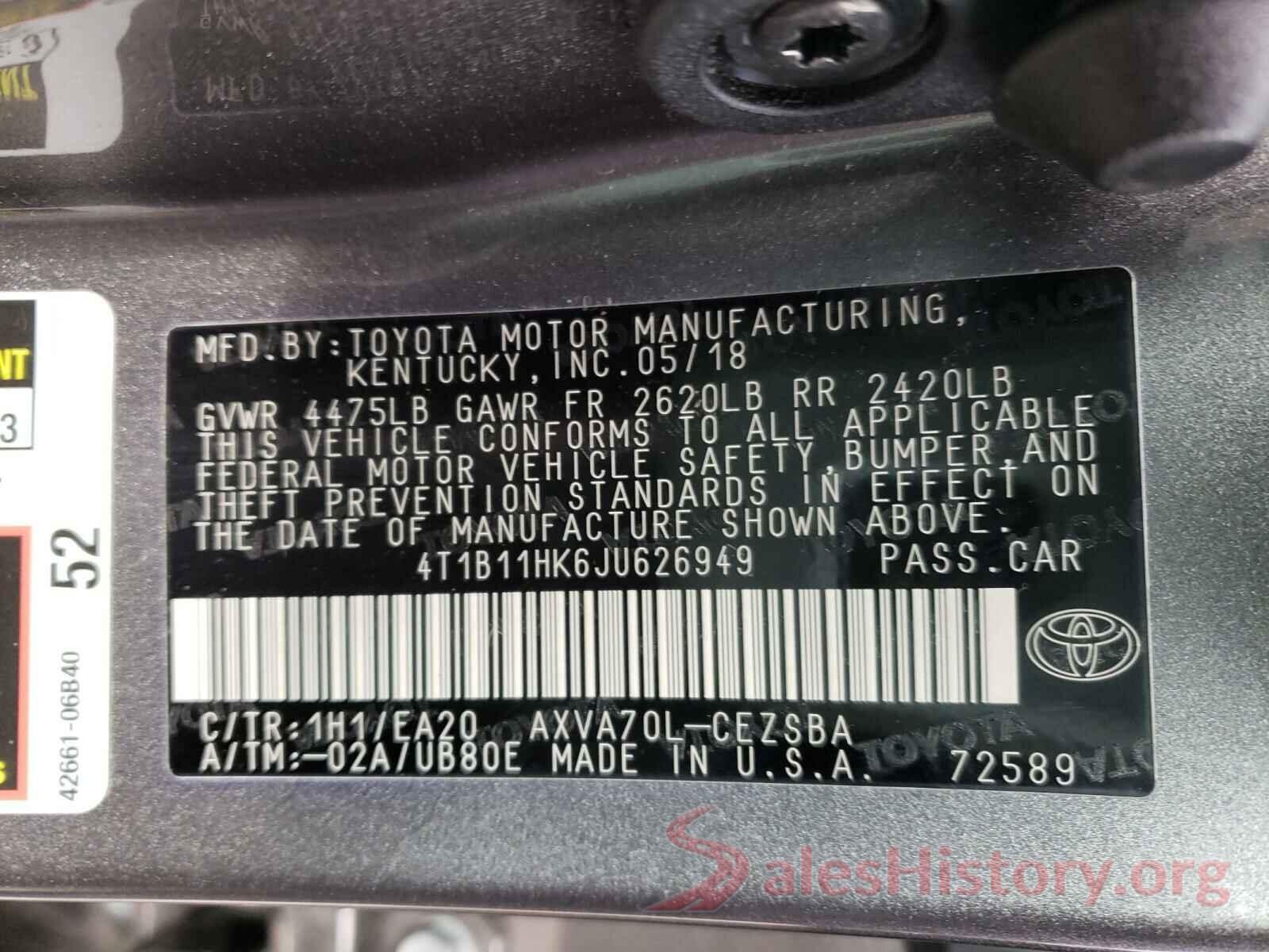 4T1B11HK6JU626949 2018 TOYOTA CAMRY