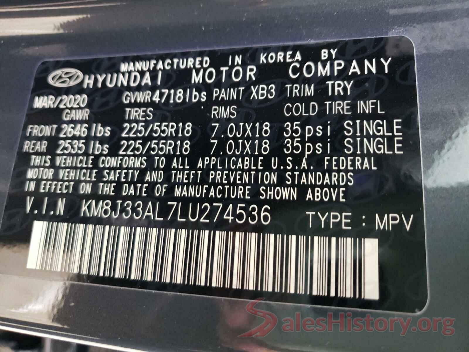 KM8J33AL7LU274536 2020 HYUNDAI TUCSON