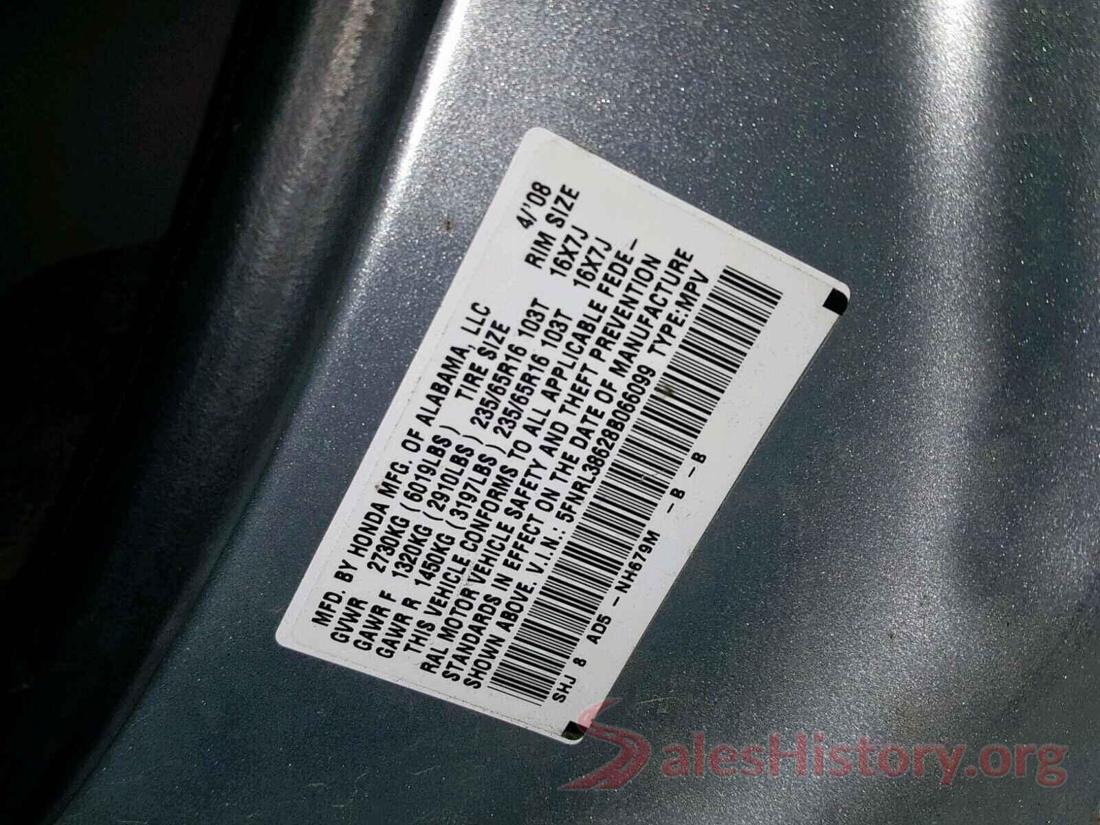 5FNRL38628B066099 2008 HONDA ODYSSEY EX