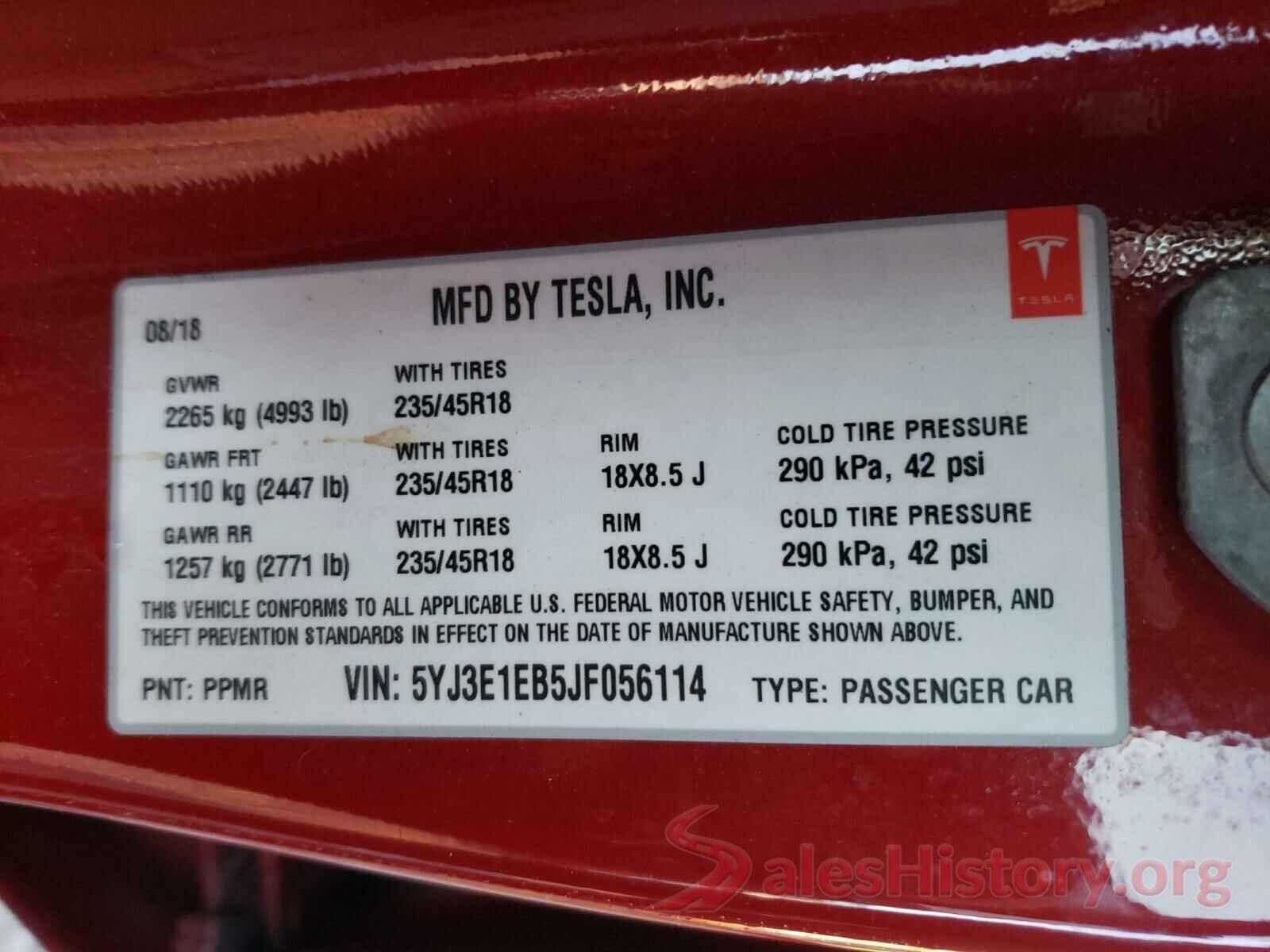 5YJ3E1EB5JF056114 2018 TESLA MODEL 3