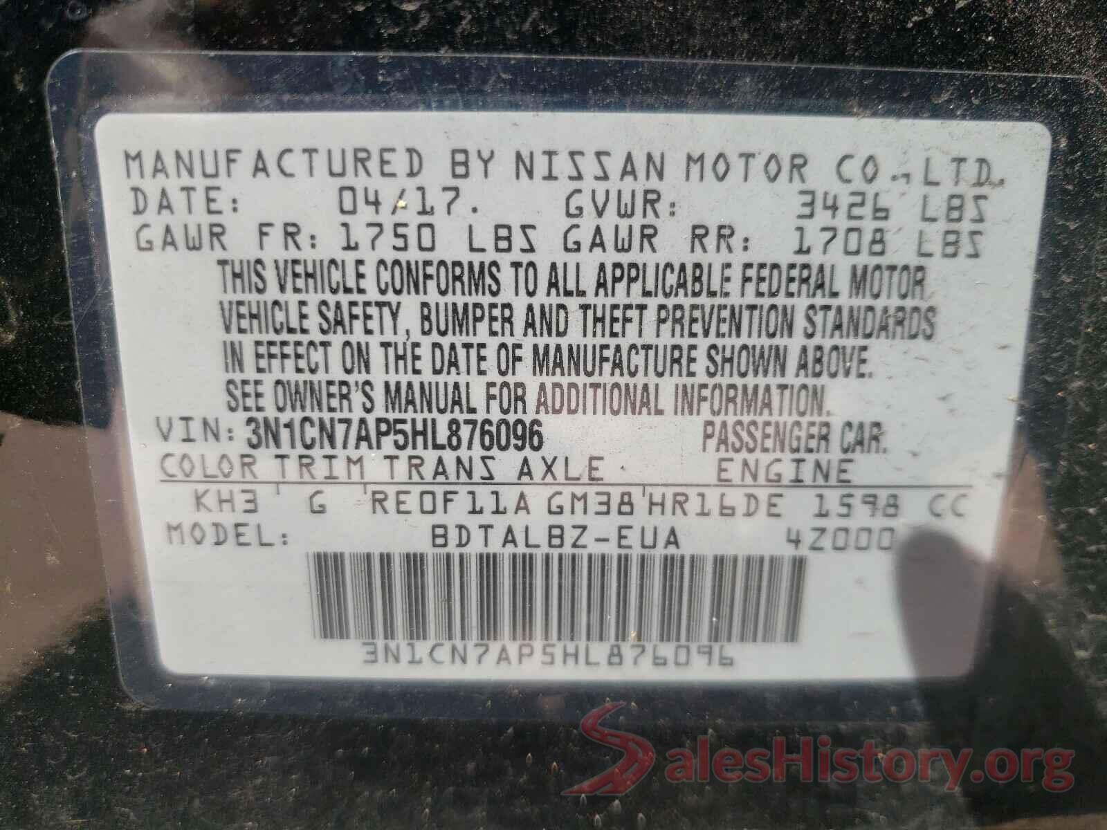 3N1CN7AP5HL876096 2017 NISSAN VERSA