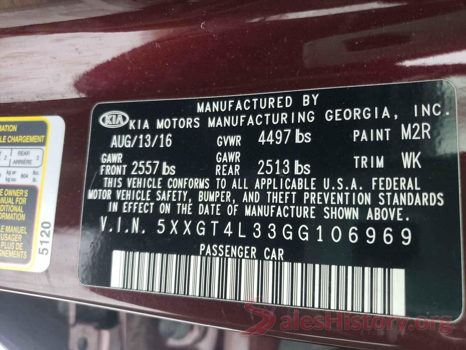 5XXGT4L33GG106969 2016 KIA OPTIMA