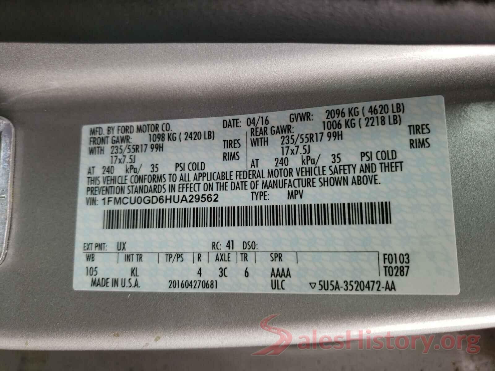 1FMCU0GD6HUA29562 2017 FORD ESCAPE