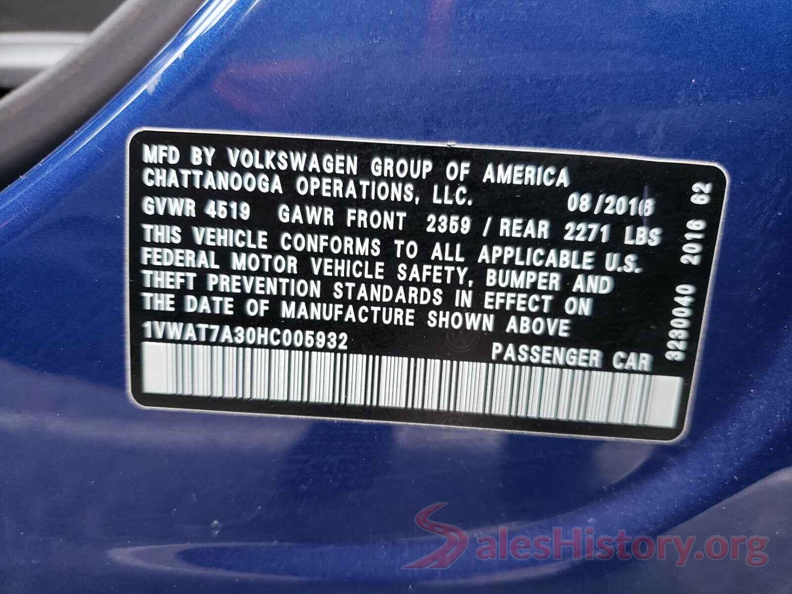 1VWAT7A30HC005932 2017 VOLKSWAGEN PASSAT