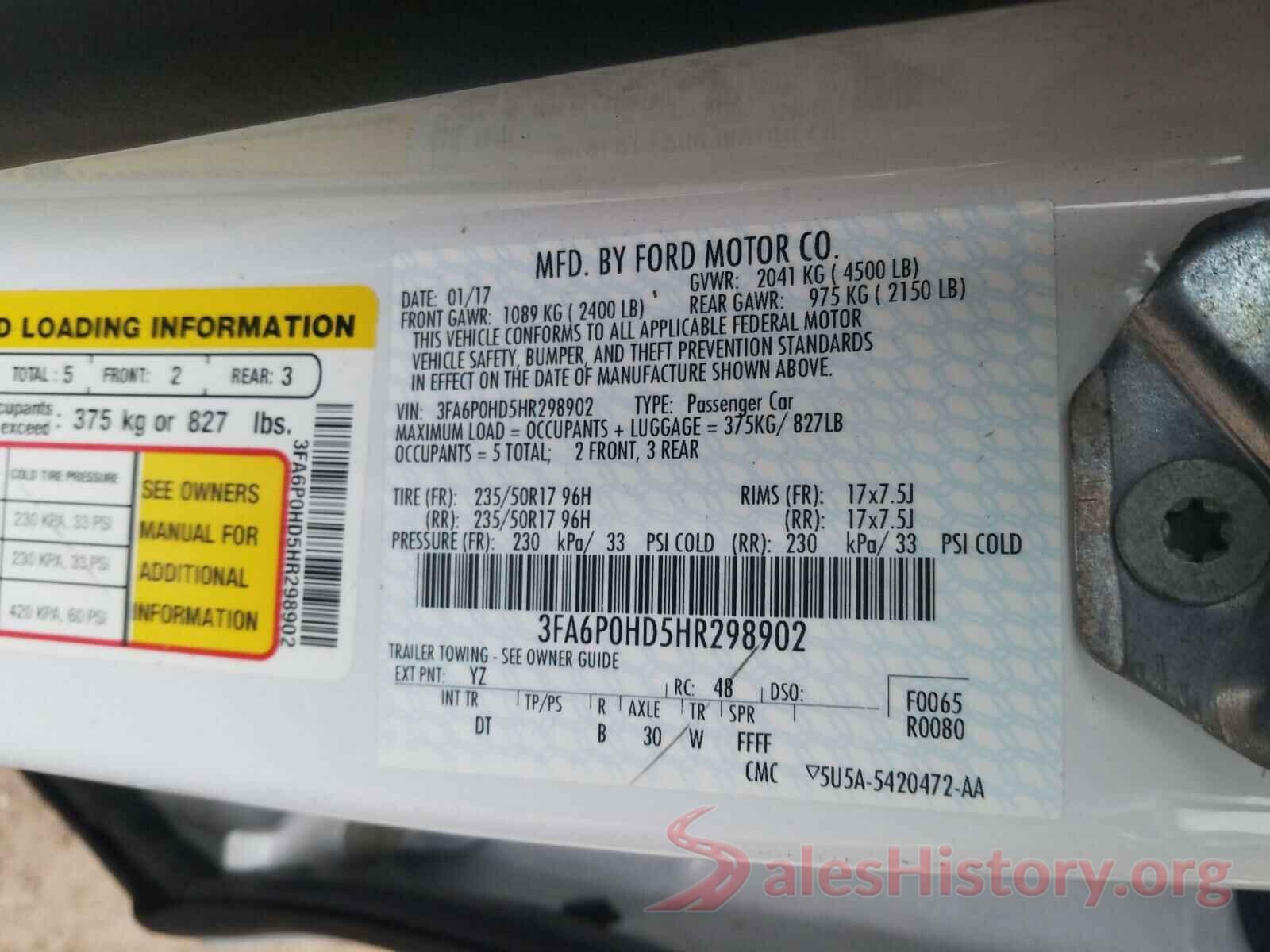 3FA6P0HD5HR298902 2017 FORD FUSION