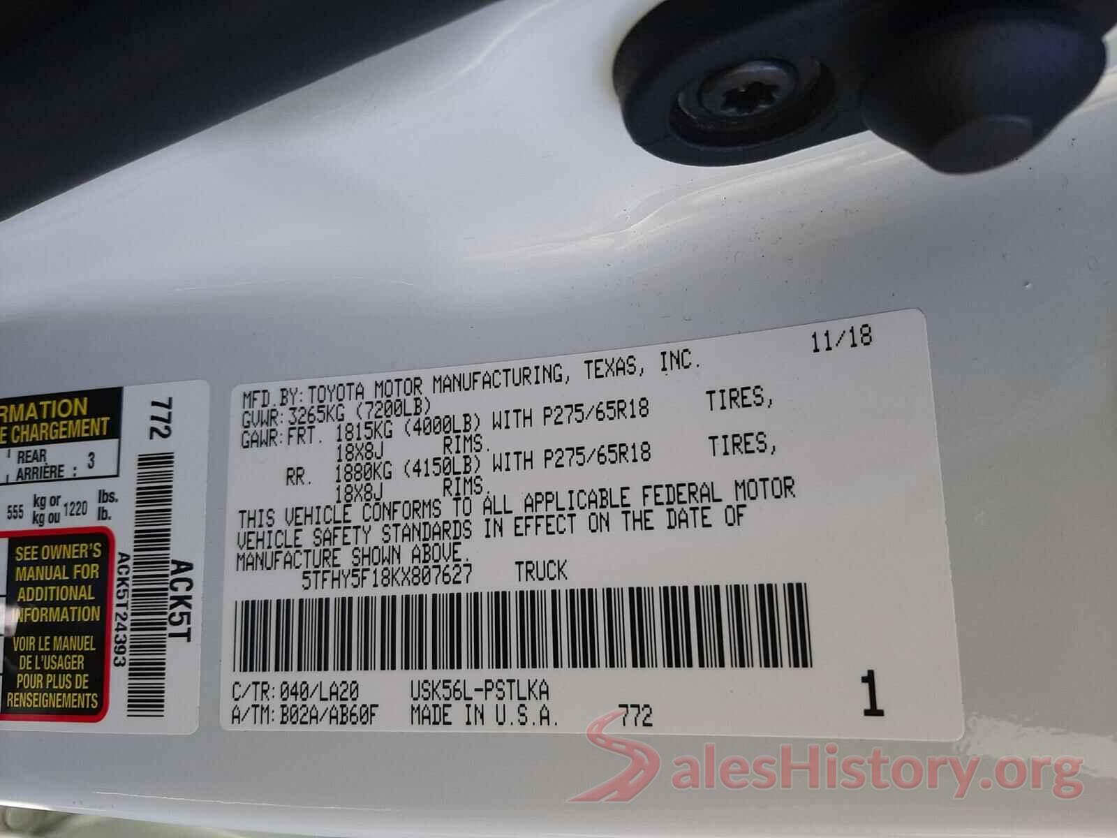 5TFHY5F18KX807627 2019 TOYOTA TUNDRA