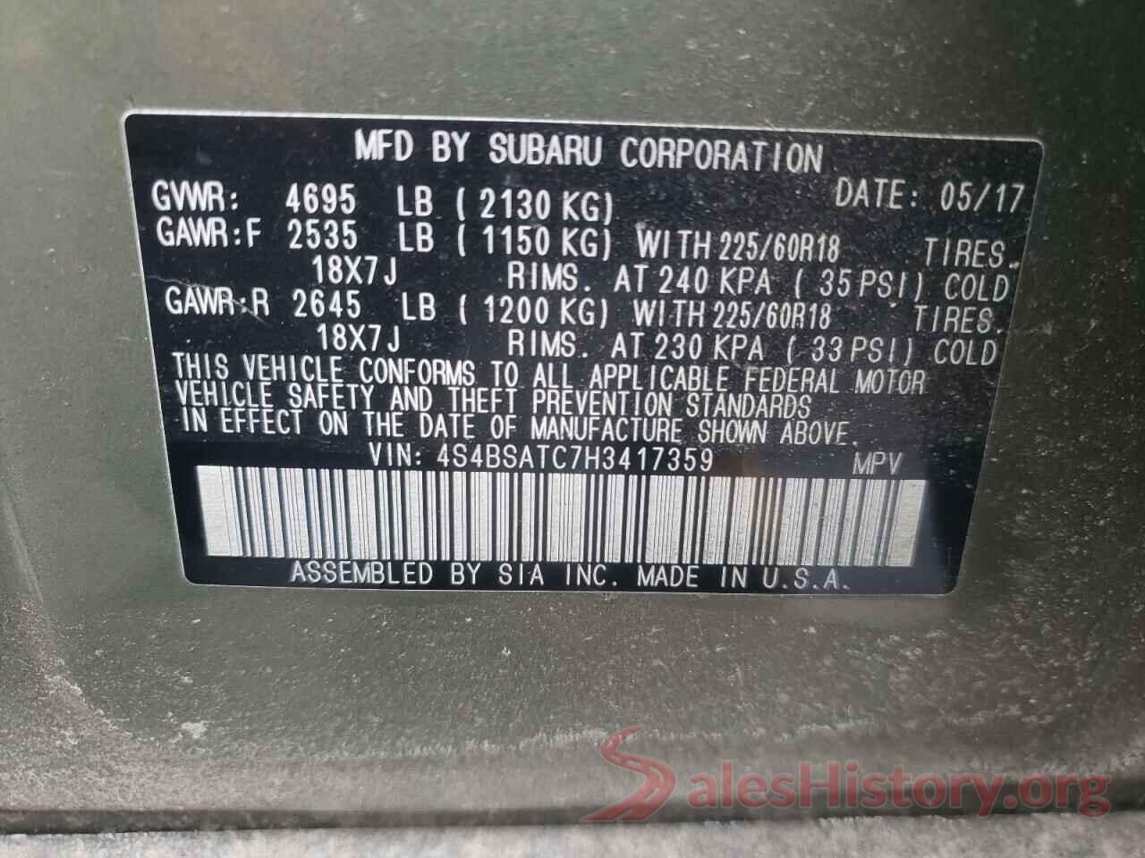 4S4BSATC7H3417359 2017 SUBARU OUTBACK