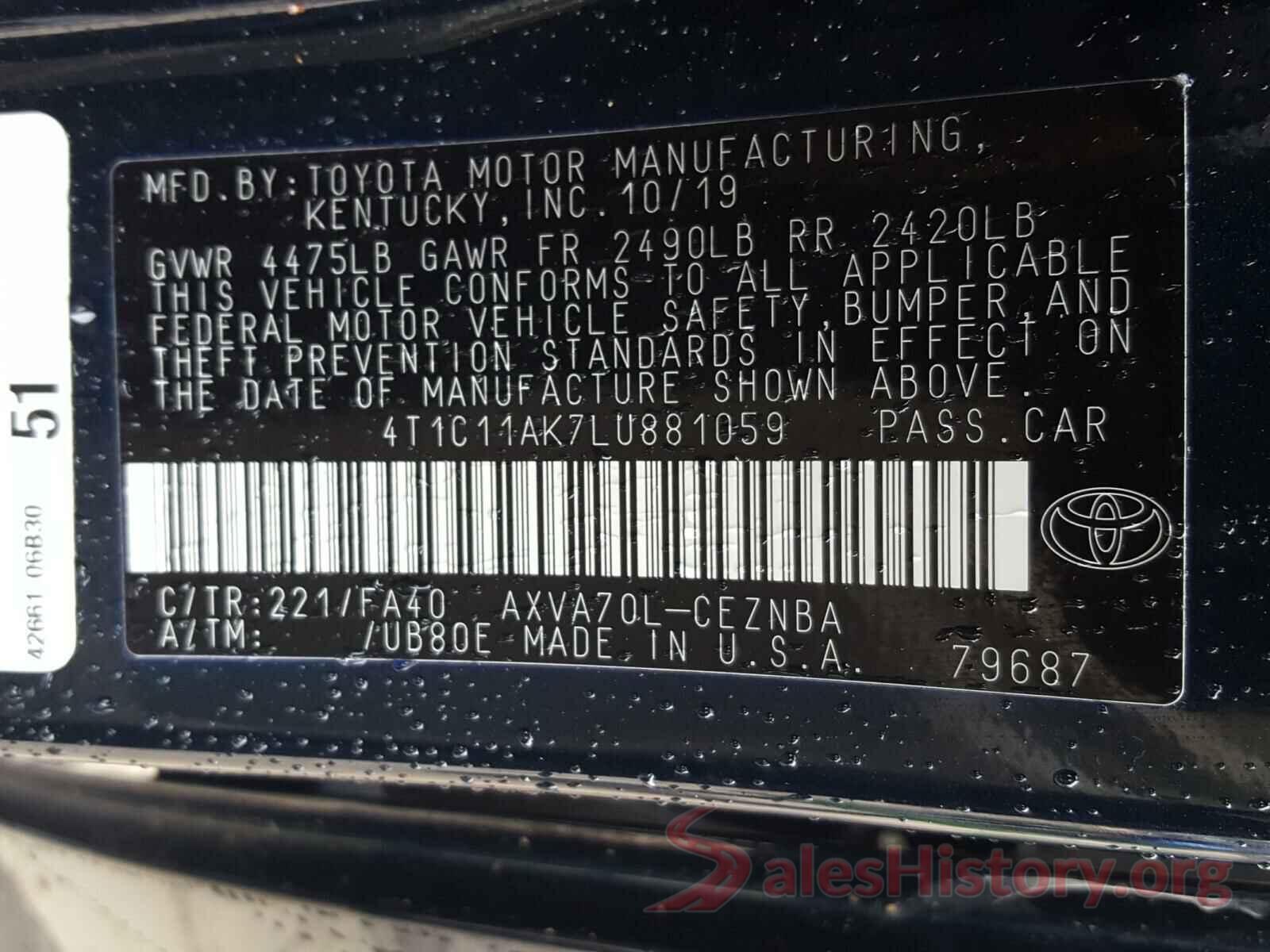 4T1C11AK7LU881059 2020 TOYOTA CAMRY