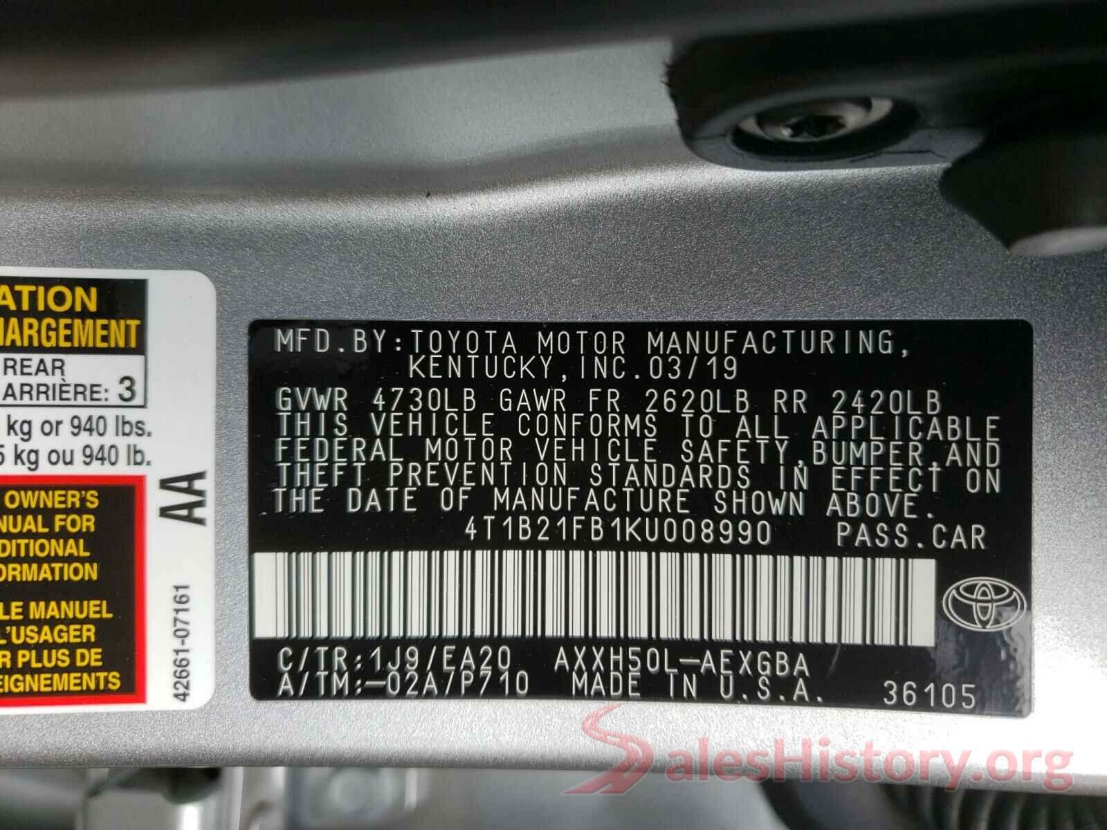 4T1B21FB1KU008990 2019 TOYOTA AVALON