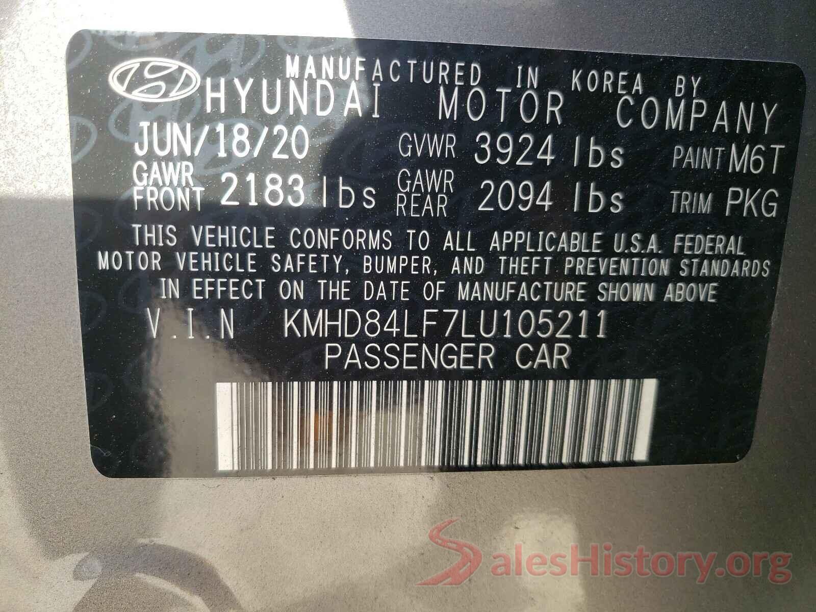 KMHD84LF7LU105211 2020 HYUNDAI ELANTRA