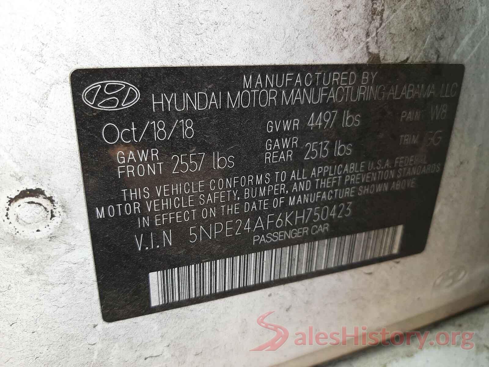 5NPE24AF6KH750423 2019 HYUNDAI SONATA