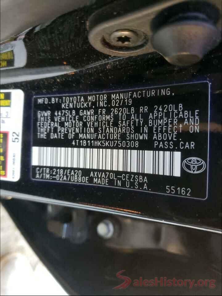 4T1B11HK5KU750308 2019 TOYOTA CAMRY