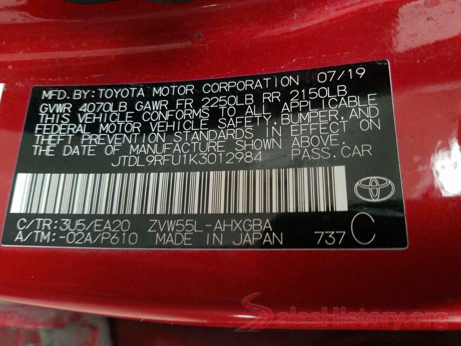 JTDL9RFU1K3012984 2019 TOYOTA PRIUS