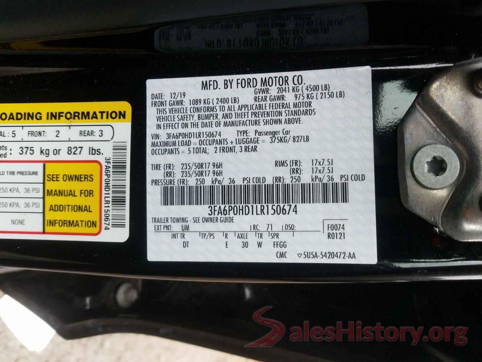 3FA6P0HD1LR150674 2020 FORD FUSION