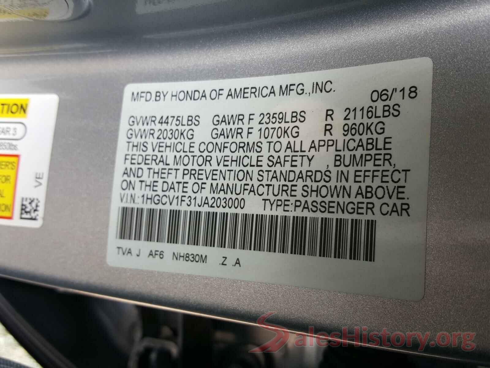 1HGCV1F31JA203000 2018 HONDA ACCORD