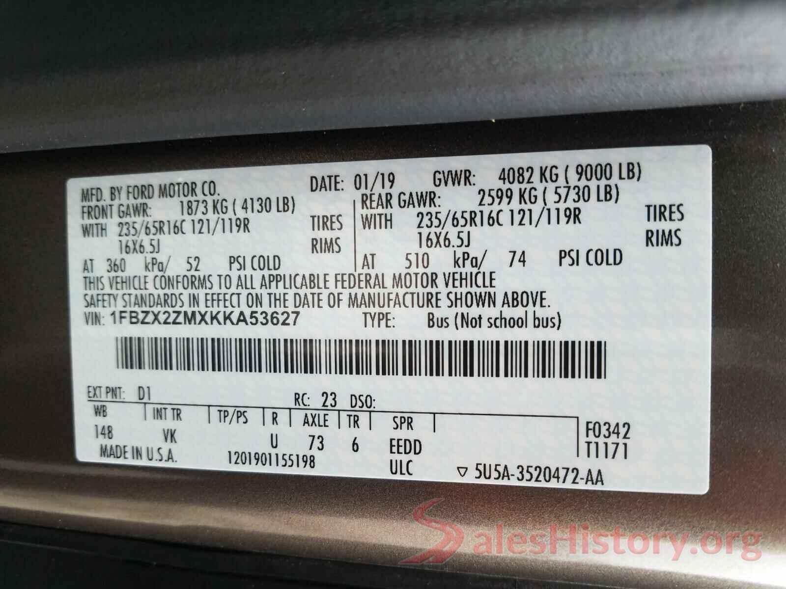 1FBZX2ZMXKKA53627 2019 FORD TRANSIT CO