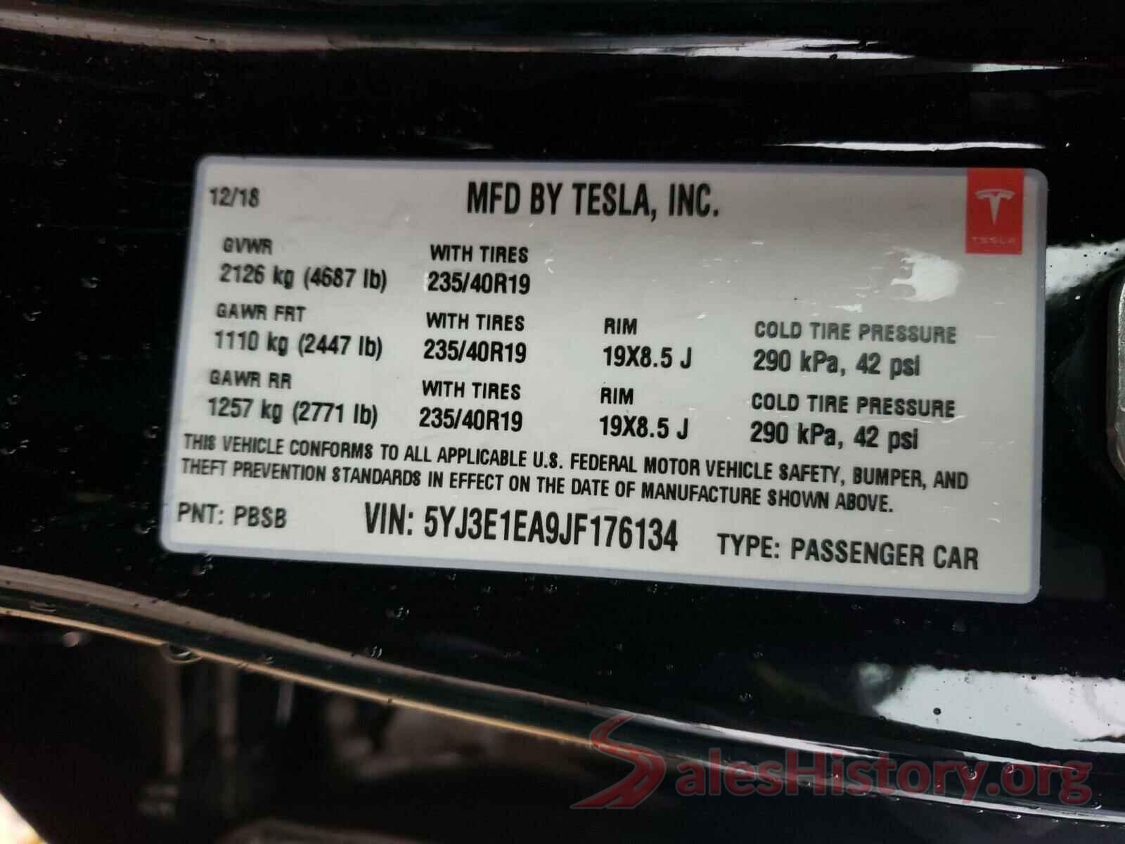 5YJ3E1EA9JF176134 2018 TESLA MODEL 3