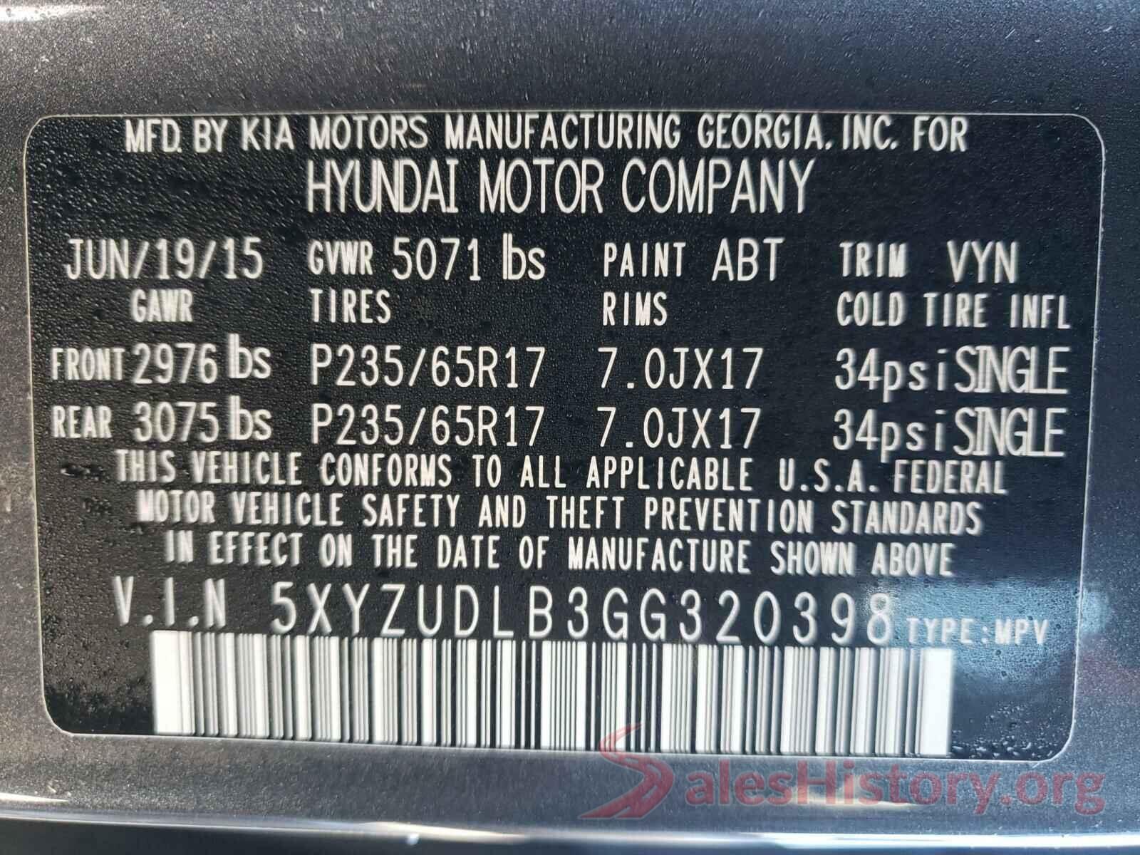 5XYZUDLB3GG320398 2016 HYUNDAI SANTA FE