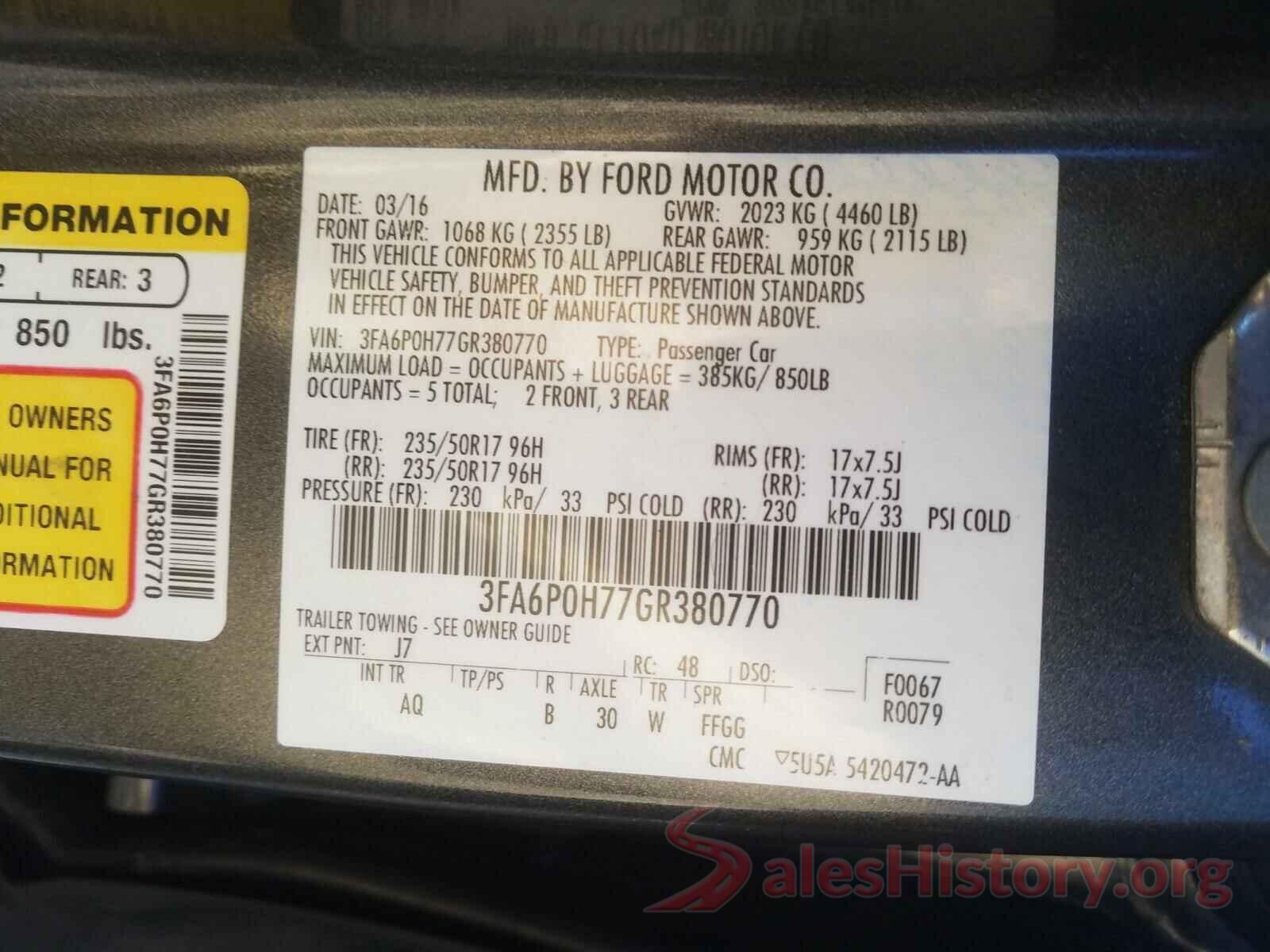 3FA6P0H77GR380770 2016 FORD FUSION