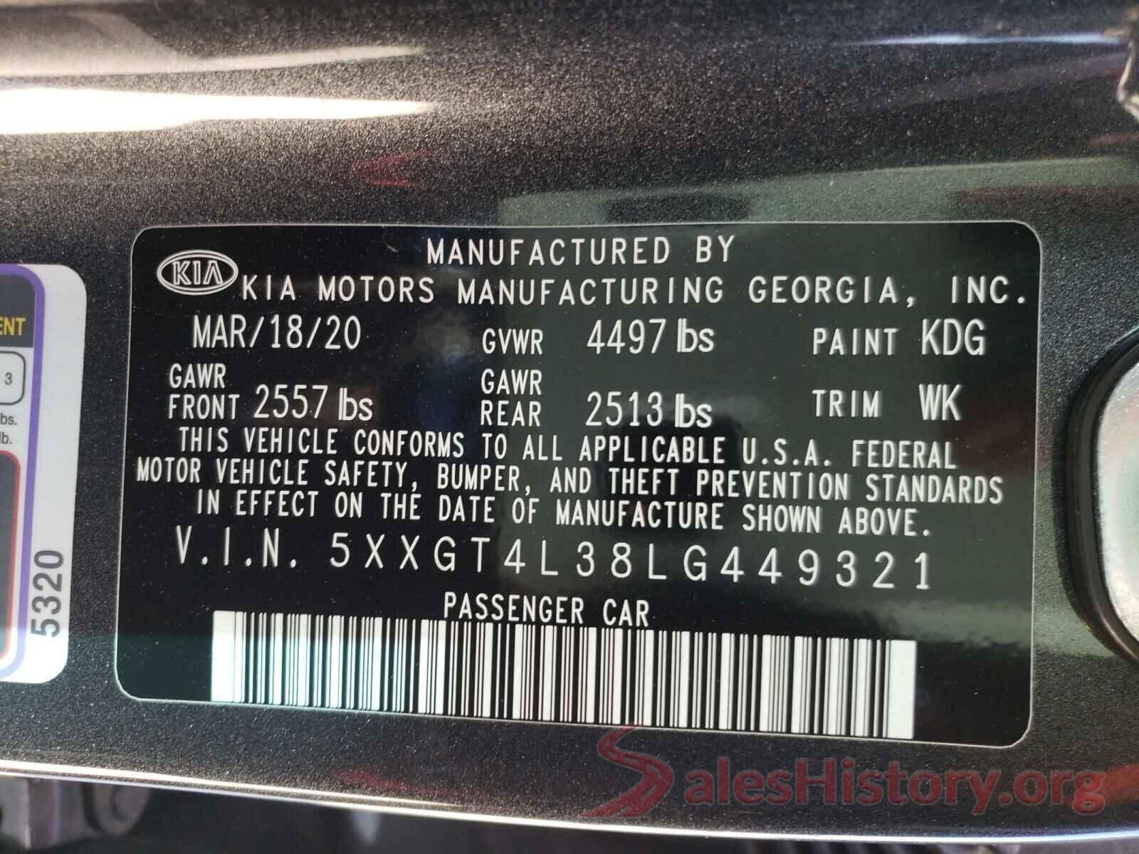 5XXGT4L38LG449321 2020 KIA OPTIMA