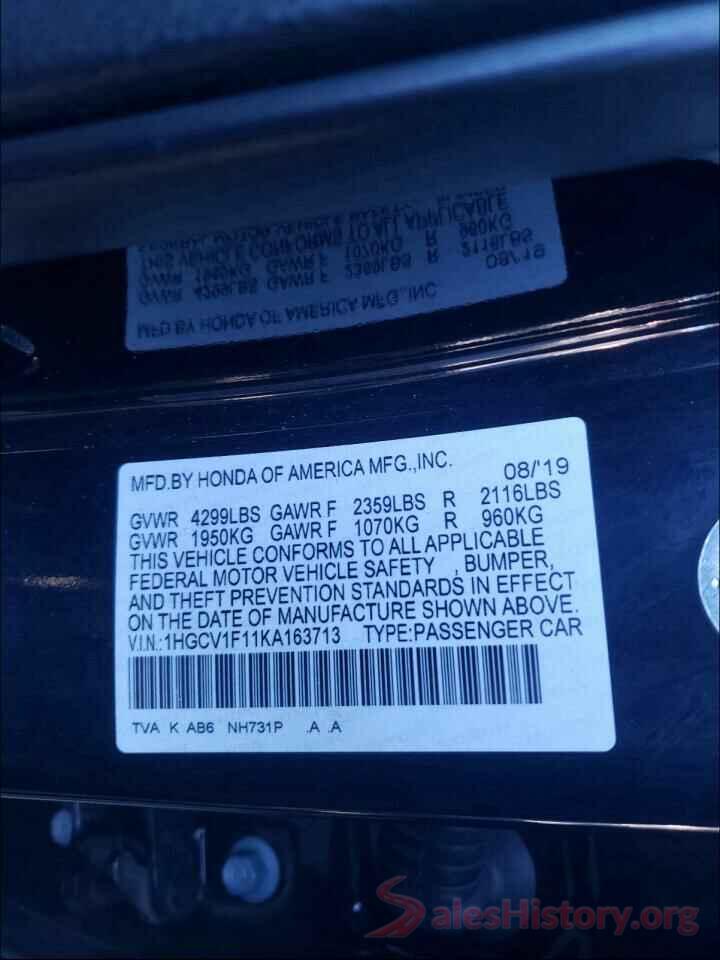 1HGCV1F11KA163713 2019 HONDA ACCORD