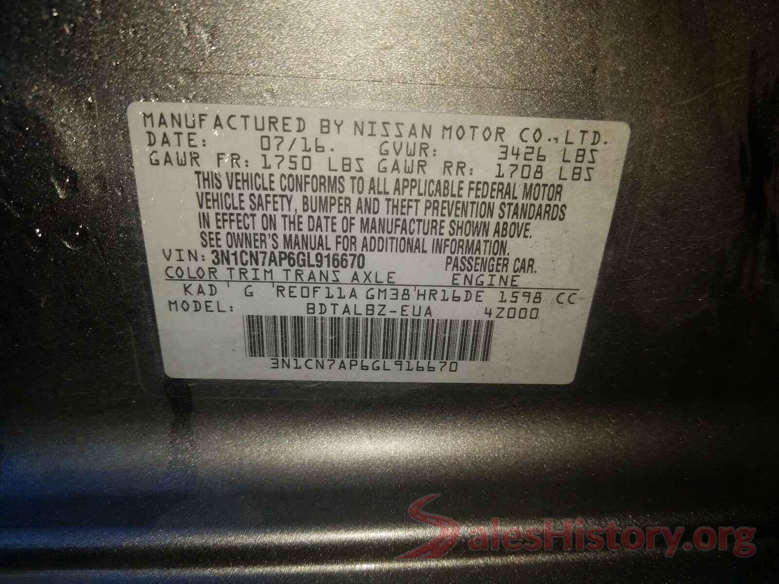 3N1CN7AP6GL916670 2016 NISSAN VERSA