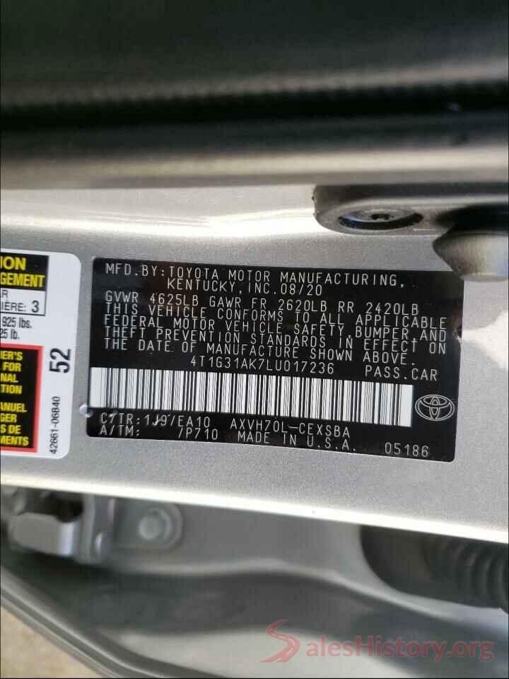 4T1G31AK7LU017236 2020 TOYOTA CAMRY