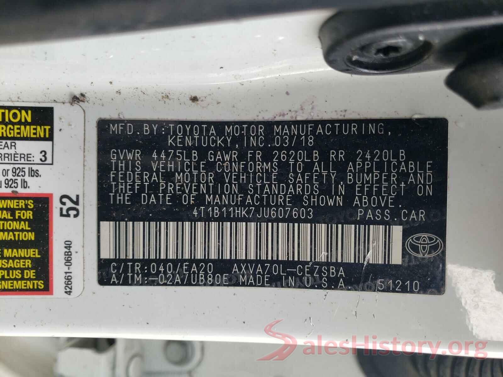 4T1B11HK7JU607603 2018 TOYOTA CAMRY