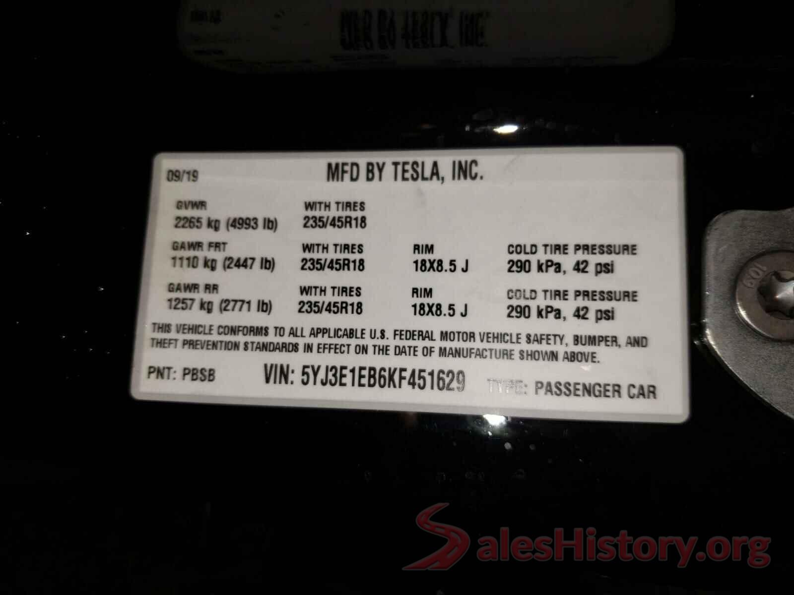 5YJ3E1EB6KF451629 2019 TESLA MODEL 3