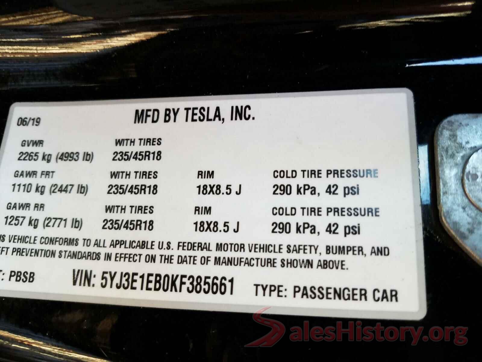 5YJ3E1EB0KF385661 2019 TESLA MODEL 3