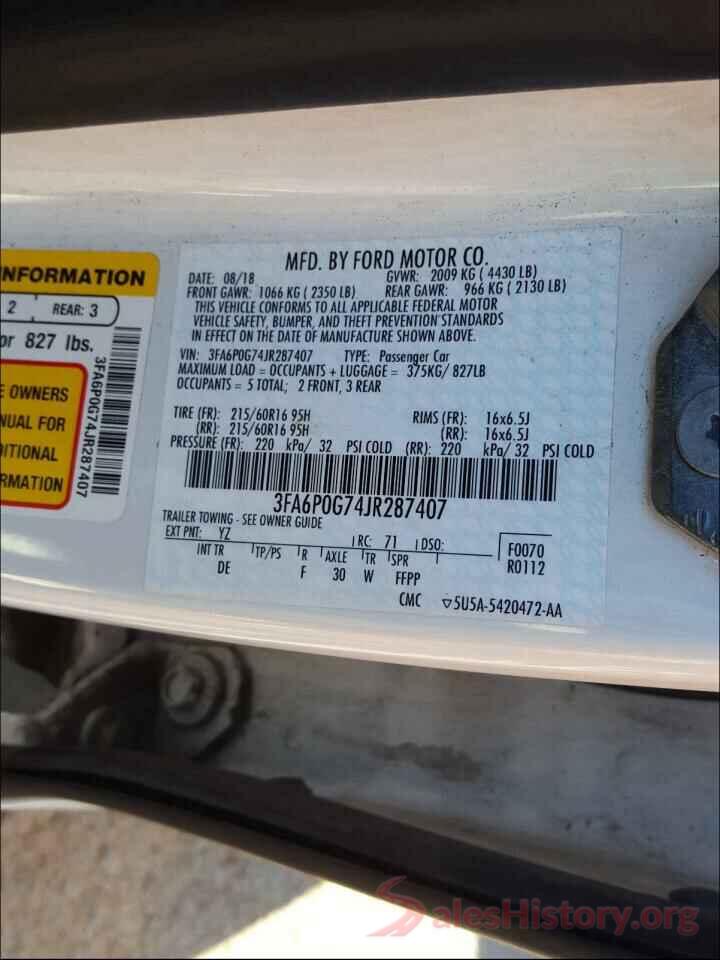 3FA6P0G74JR287407 2018 FORD FUSION