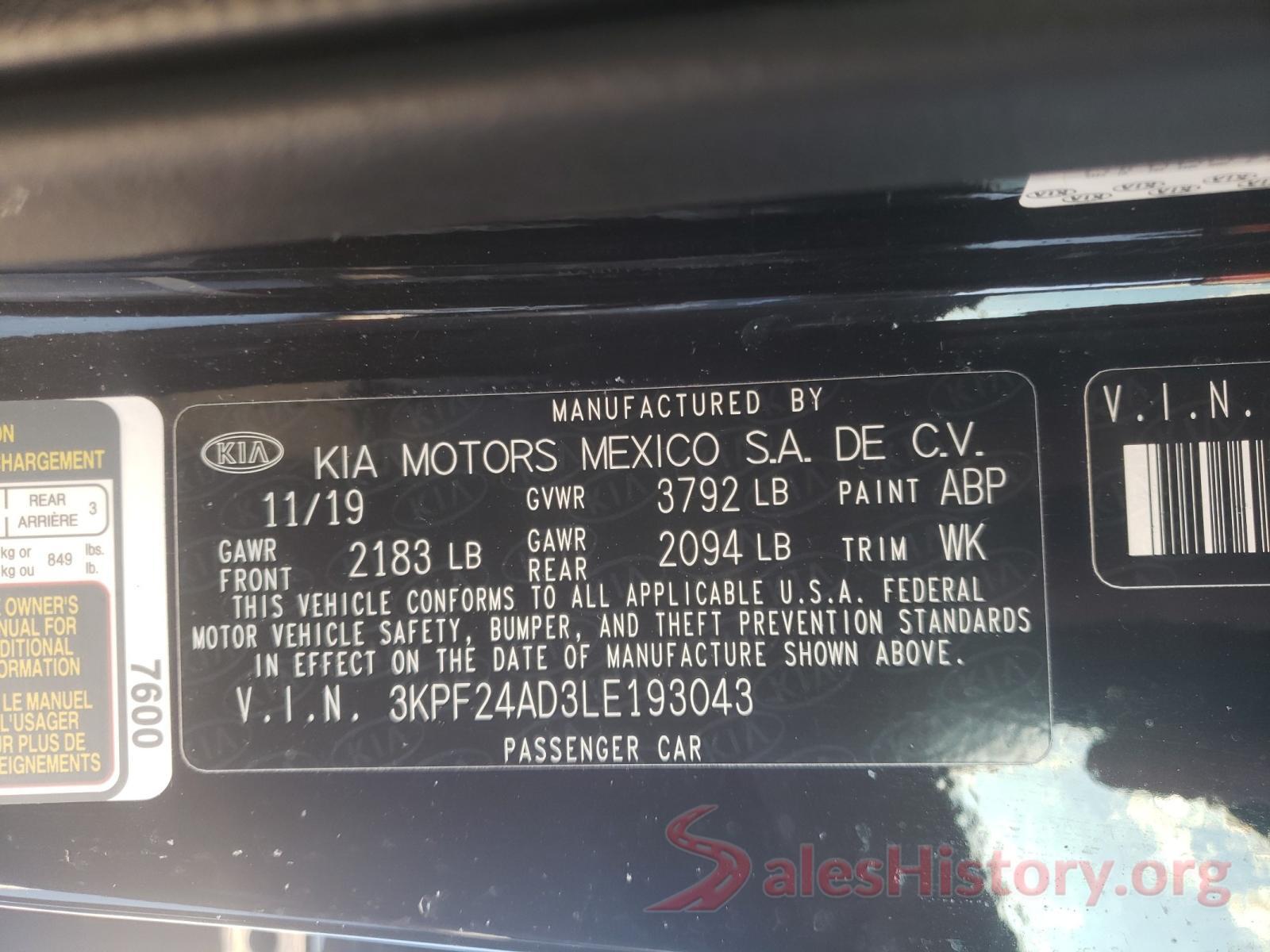 3KPF24AD3LE193043 2020 KIA FORTE